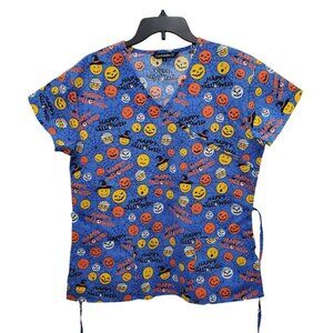 Cassandra O‎ Women's Blue Multi Printed Halloween Theme Tie Scrub Top Size M